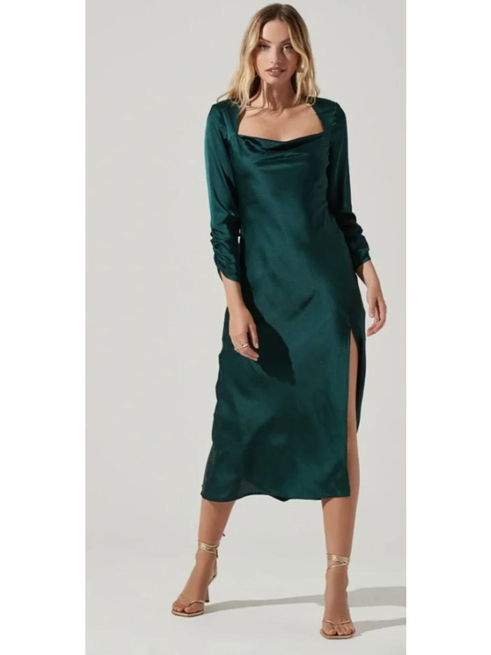 ASTR The Label Gracie Hunter Green Satin Open Back Midi Dress Size S
